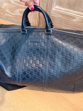 Gucci Navy Embossed GG Leather Duffel Bag